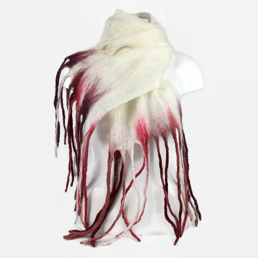 Seconds Sunday - Long white merino wool felted scarf with red coloured tassels