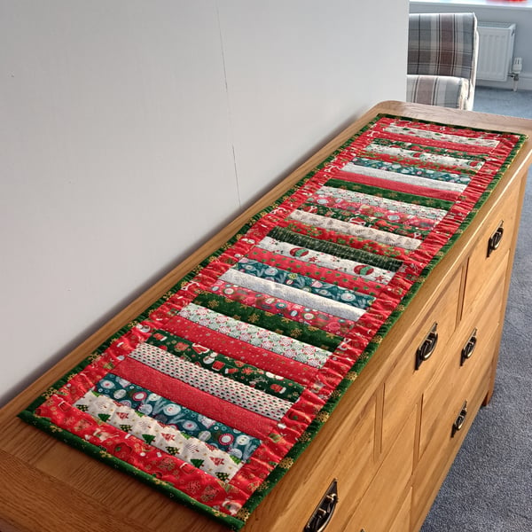 Stripey, Quilted, Christmas Table Runner, Red Green & Cream, 26" x 14"