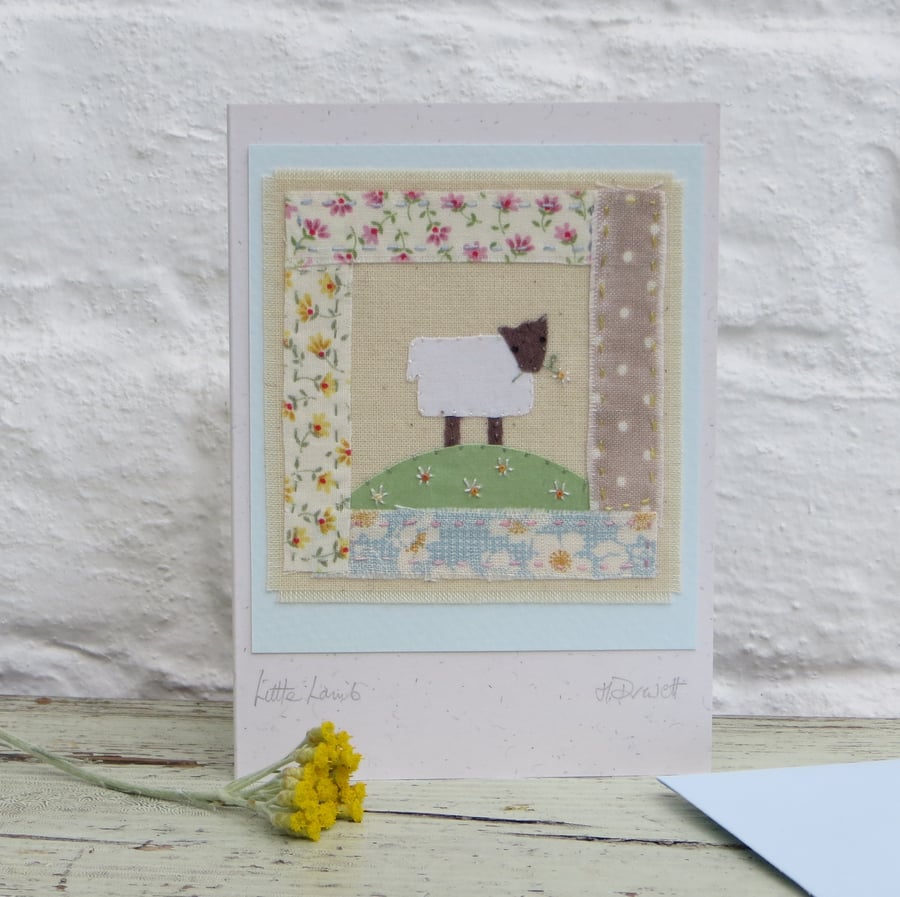 Little Lamb hand-stitched card:  new baby, early years birthday, card to keep!