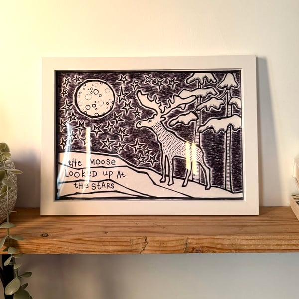 Moose and Stars Giclee Print, Unique Animal Art