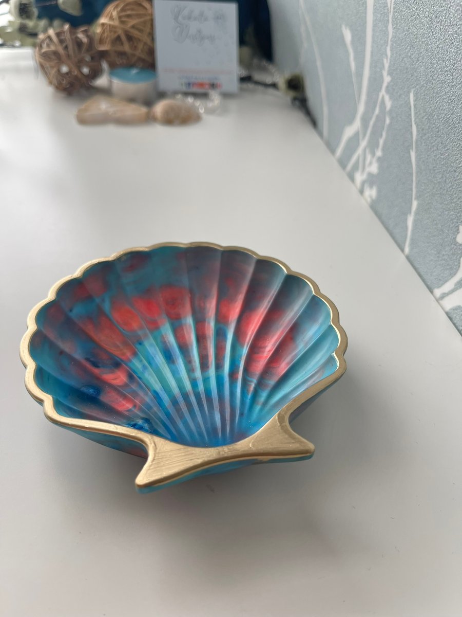 Handmade 10cm Shell Shaped Eco Resin red turquoise gold Trinket Tray Bowl Dish