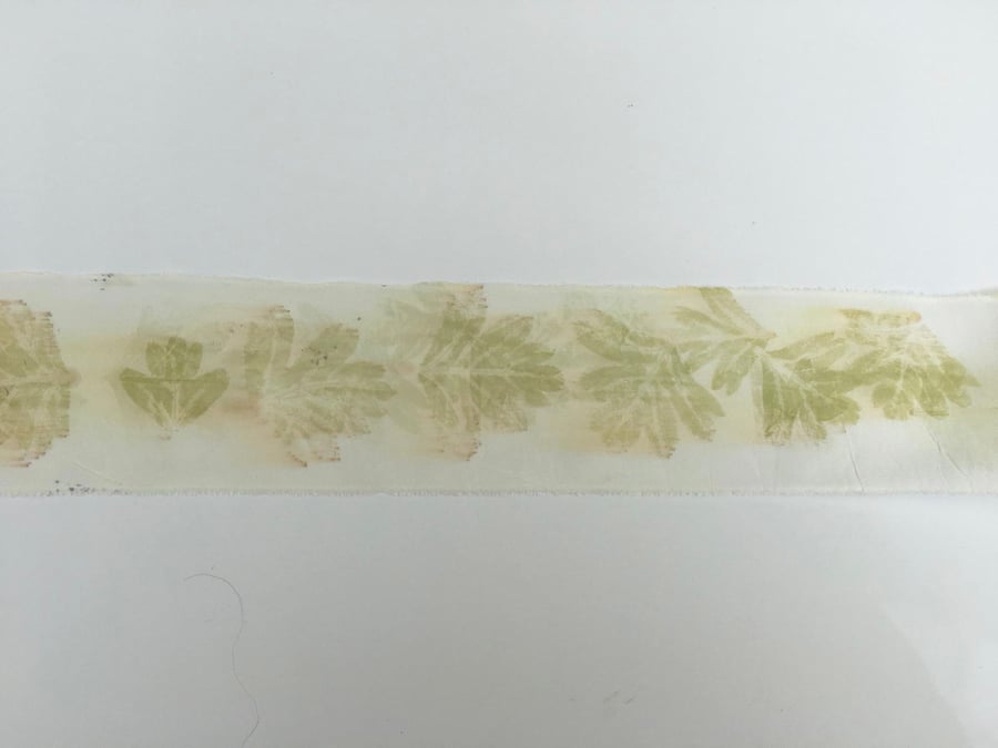 Eco-printed silk ribbon with Hawthorn leaf print