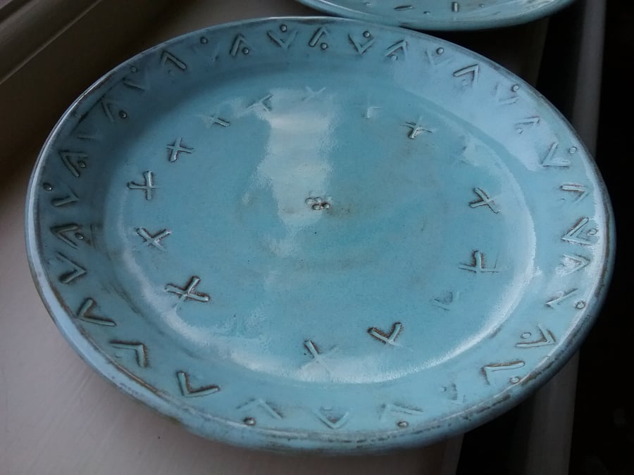 Handthrown ceramic plate in turquoise blue glaze on terracotta. Handmade  gift.