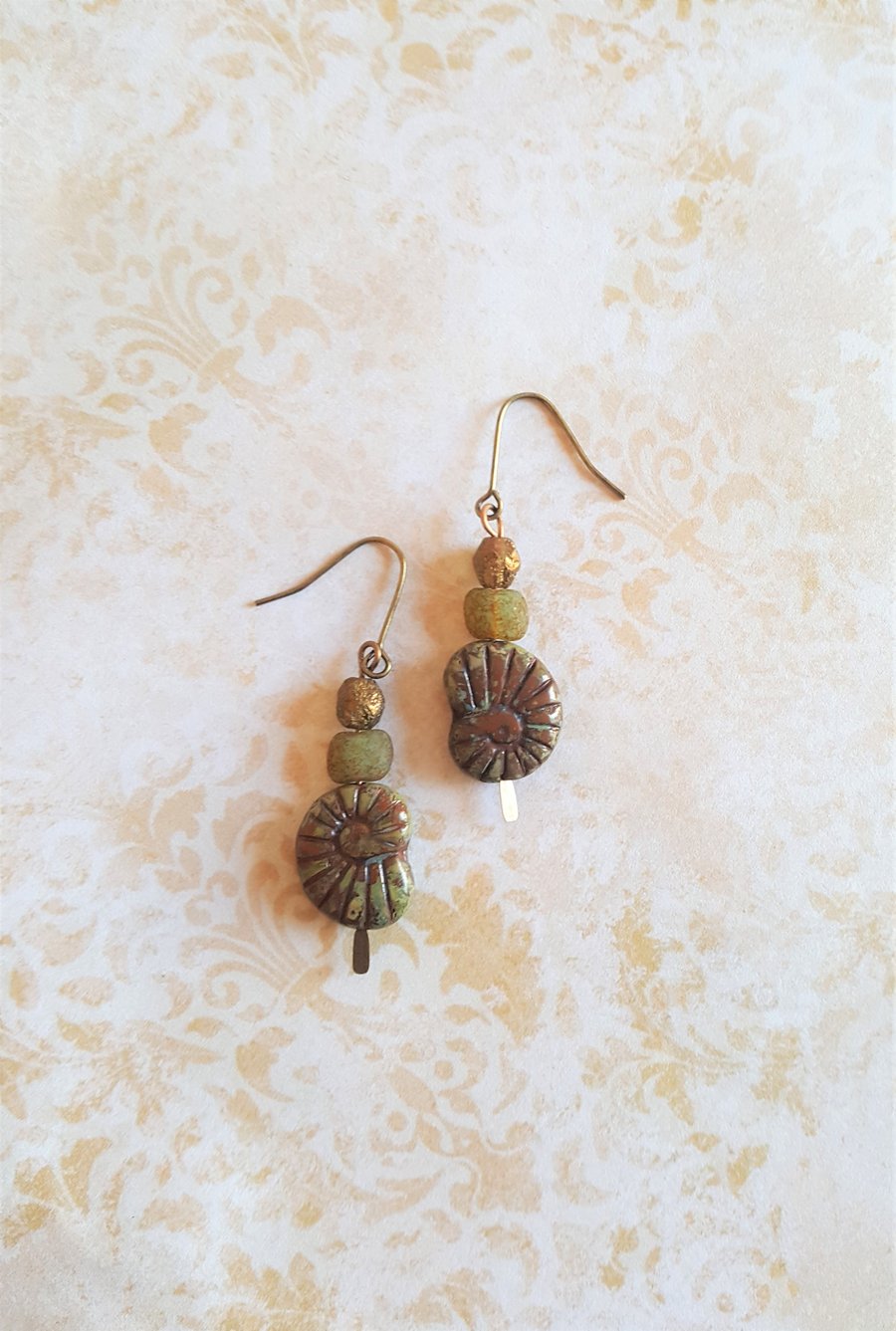 Rustic Fossil Earrings  Picasso Czech Glass