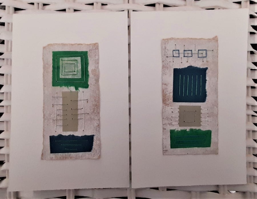 Colourful Combinations Grey Green Blue Handstitched Geometric Art Pictures