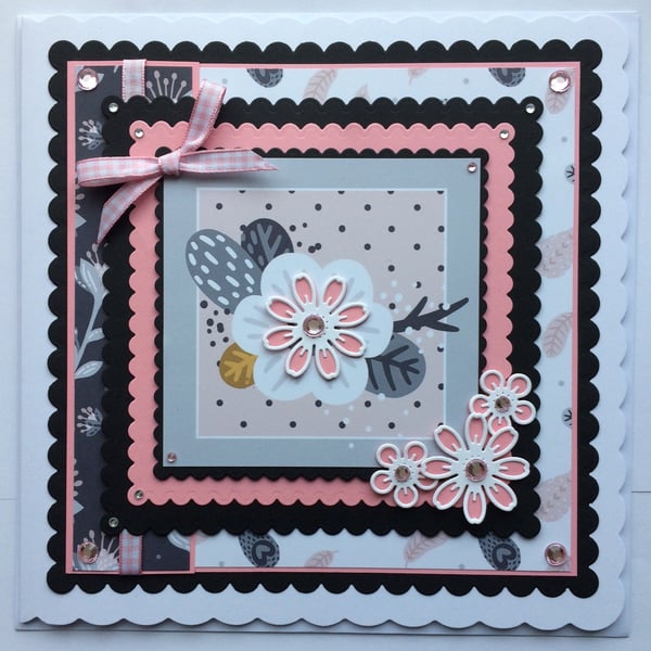 3D Luxury Handmade Card Pretty Vintage White Flower Pink and White Flowers