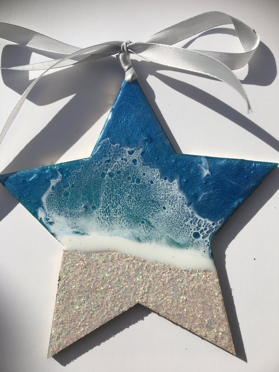 Christmas ornament, abstract, ocean, star, blue, pearlescent glitter 
