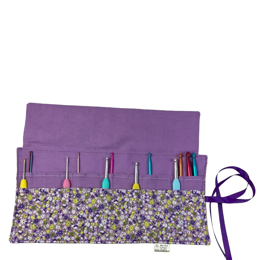 Crochet hook case in Liberty floral fabric, Ergonomic roll up hook organiser,