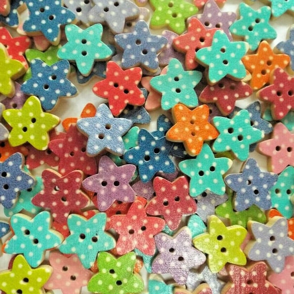 30 Mixed Wooden Button Stars Dot Pattern Craft Sewing Scrapbooking 