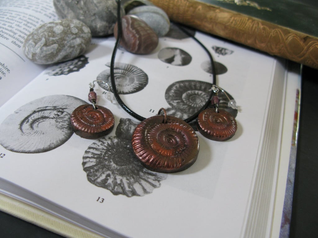 Handcrafted Polymer Clay Fossil Inspired Set with Silver Hooks, Copper, Bronze