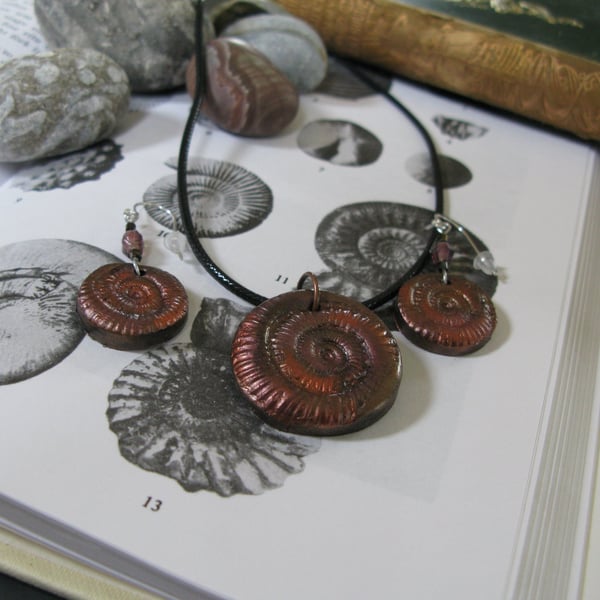 Handcrafted Polymer Clay Fossil Inspired Set with Silver Hooks, Copper, Bronze