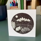 Moonlit Mountains : Blank Greetings Card from an original lino print