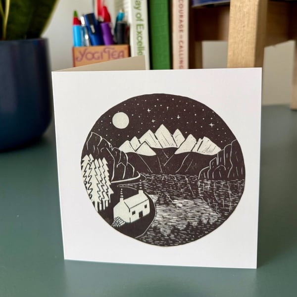 Moonlit Mountains : Blank Greetings Card from an original lino print