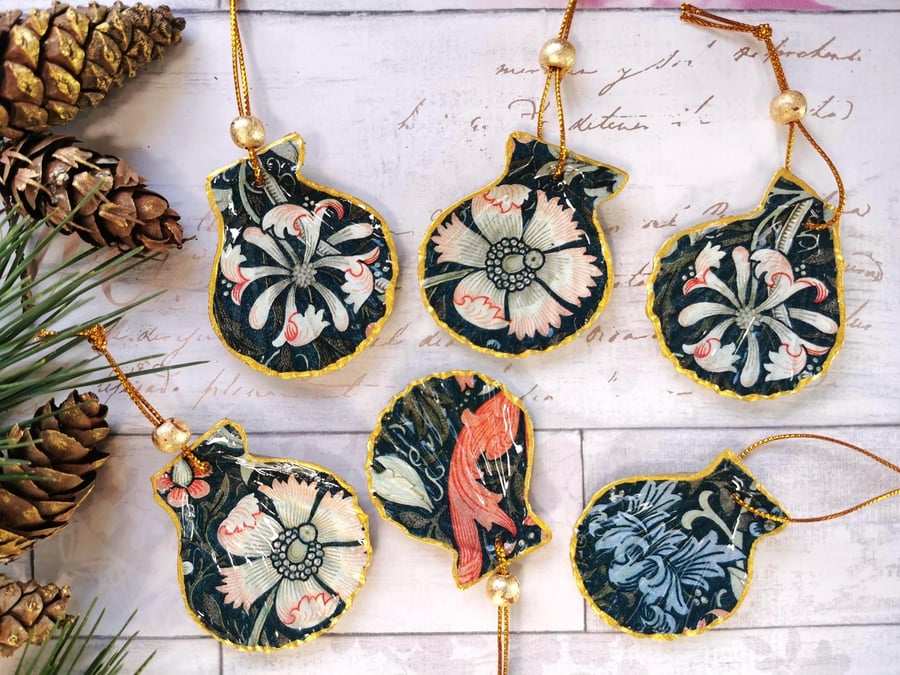 Set of Six Hanging Shell Ornaments: William Morris Christmas Tree Baubles
