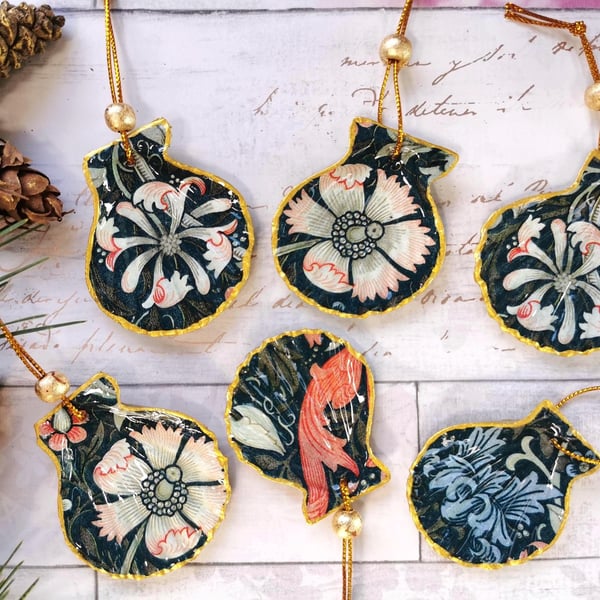 Set of Six Hanging Shell Ornaments: William Morris Christmas Tree Baubles