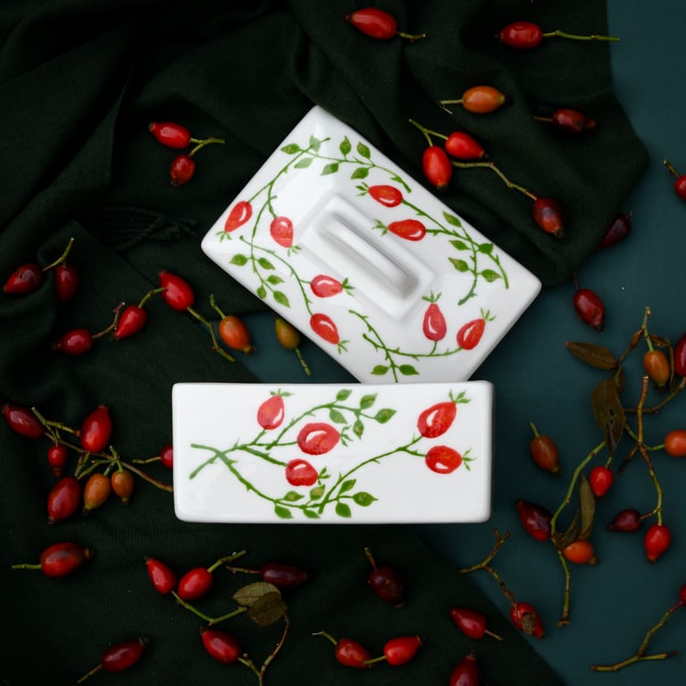 Rose Hip Butter Dish Butter Dish - Hand Painted