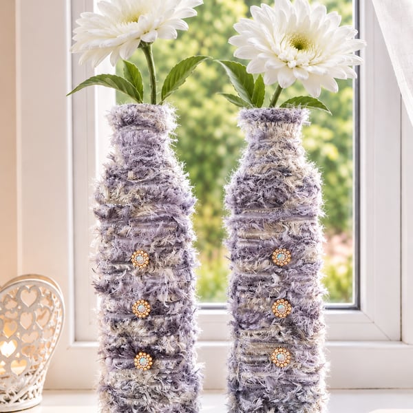 Set Of 2 Upcycled Glass Bottle Vases, Wrapped With Silver Grey Feathery Yarn