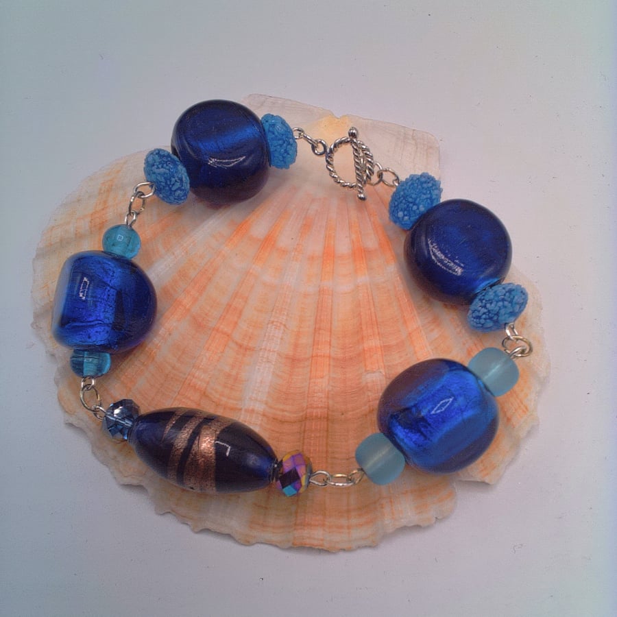 Blue Glass Bead and Crystal Bracelet, Blue Summer Bracelet, Gift for Her