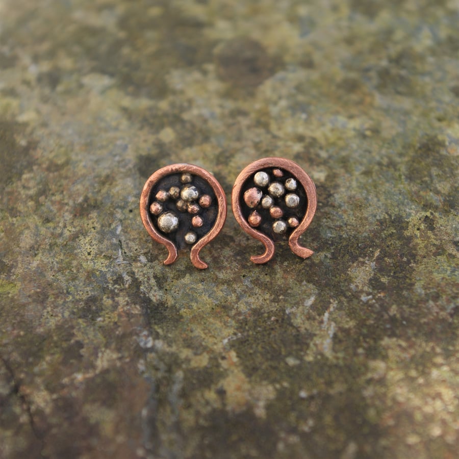 Silver and Shiny Copper Pomegranate Stud Earrings
