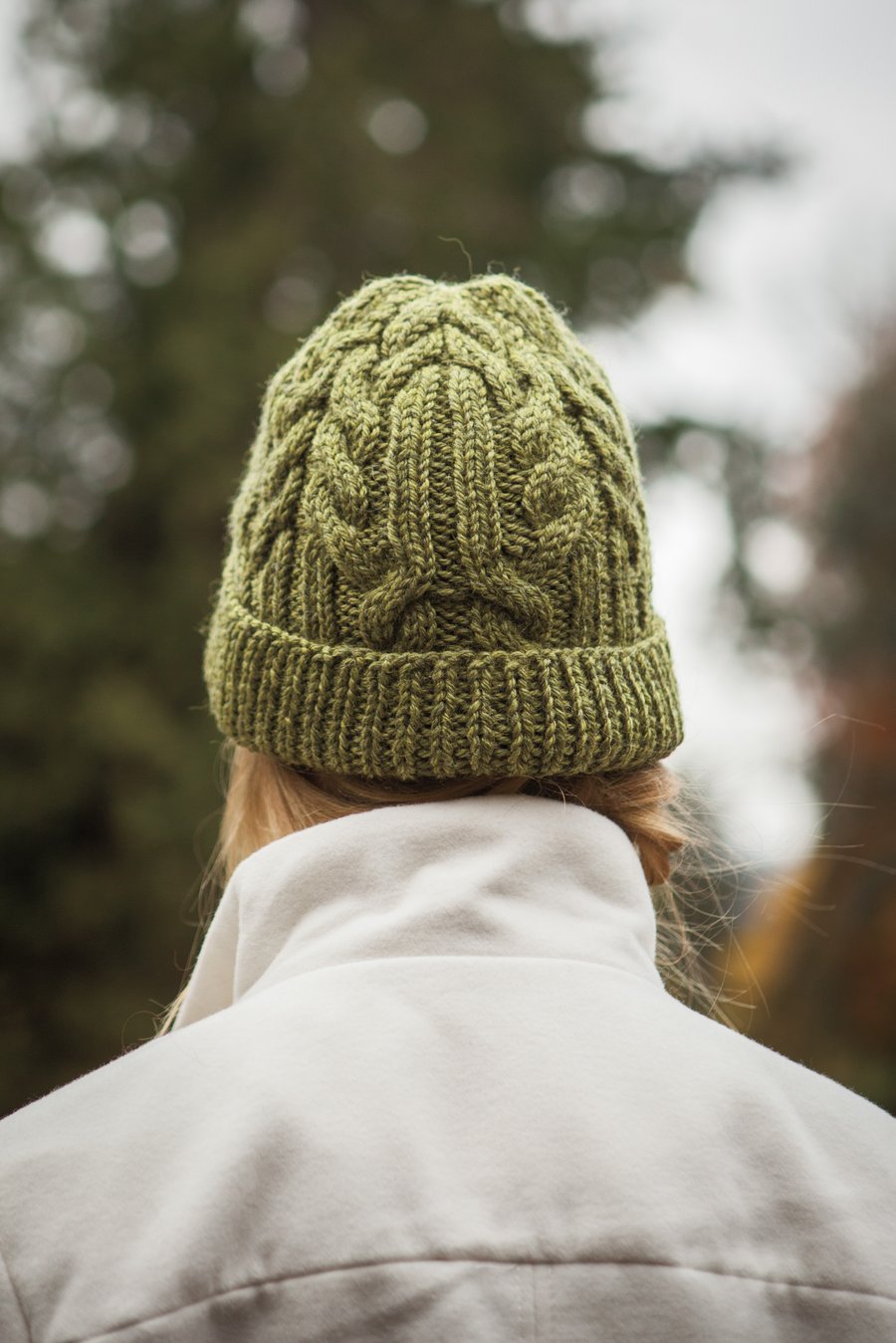 Green chunky cabled wool mohair beanie hat