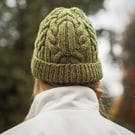 Green chunky cabled wool mohair beanie hat