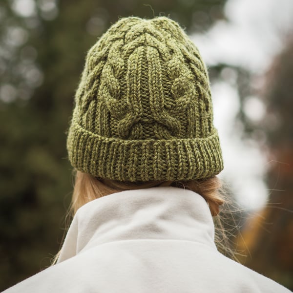 Green chunky cabled wool mohair beanie hat