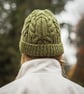 Green chunky cabled wool mohair beanie hat
