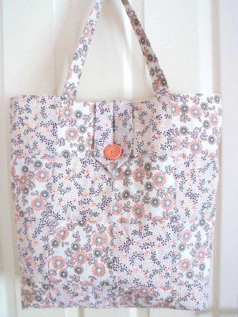 upcycled floral cotton quilted shoulder bag, peach and brown