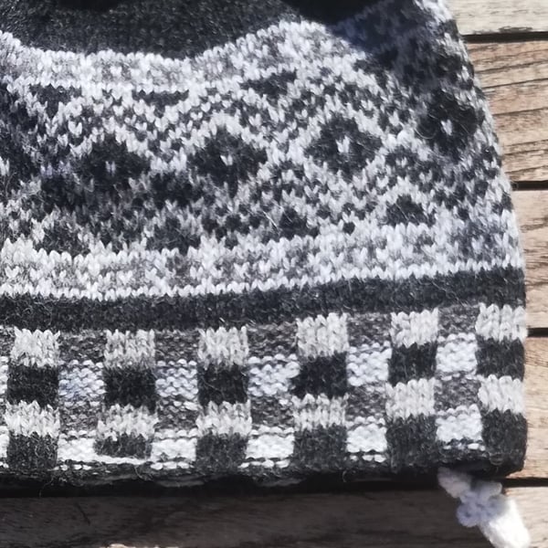 Fair Isle Shetland Wool Hand Knitted Hat in Natural Colours