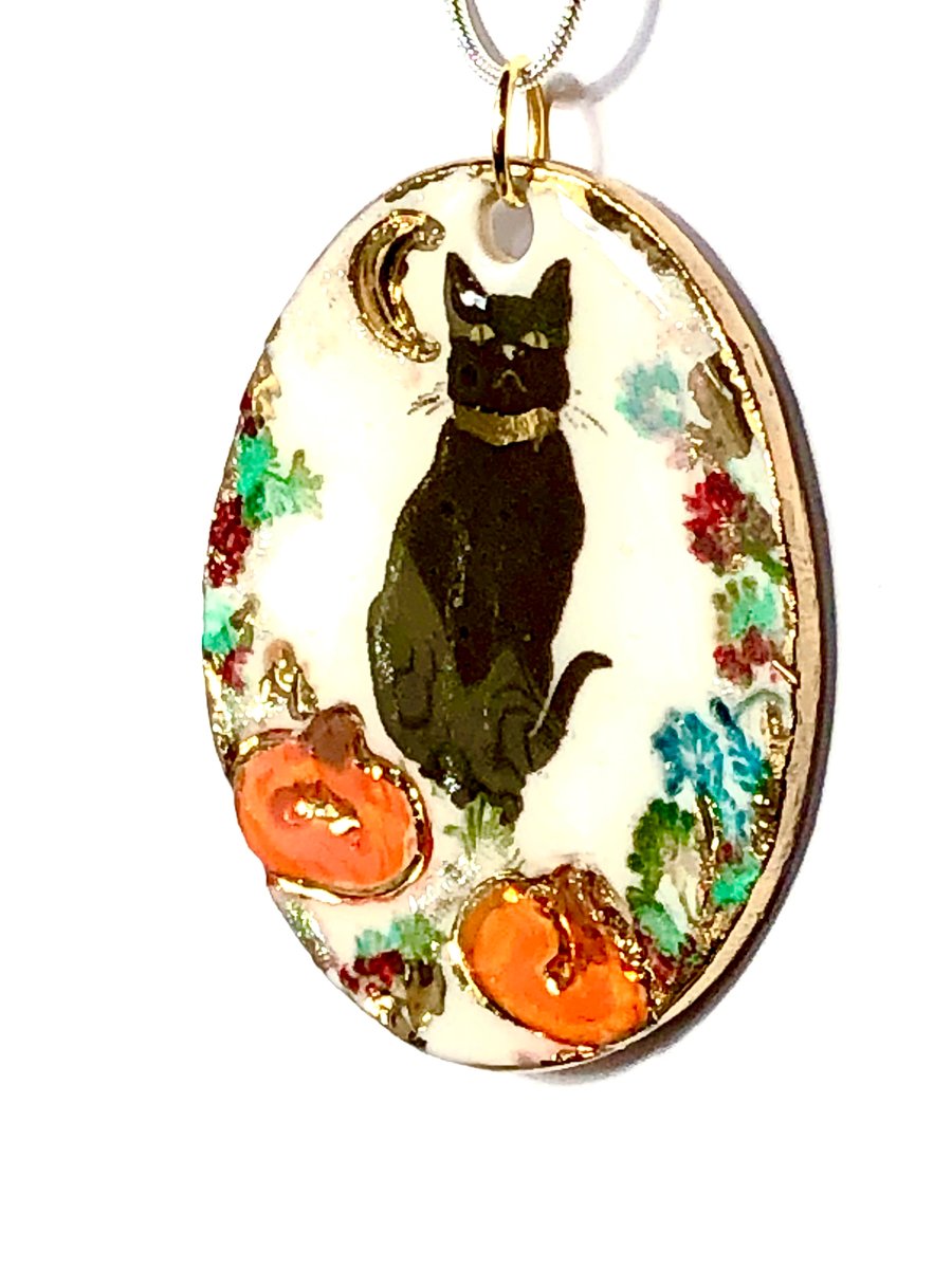 Black cat, Halloween, pumpkins, large pendant 