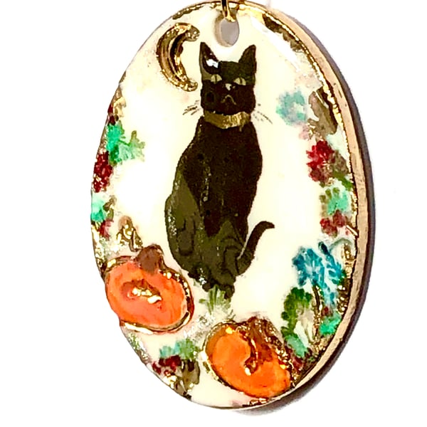 Black cat, Halloween, pumpkins, large pendant 