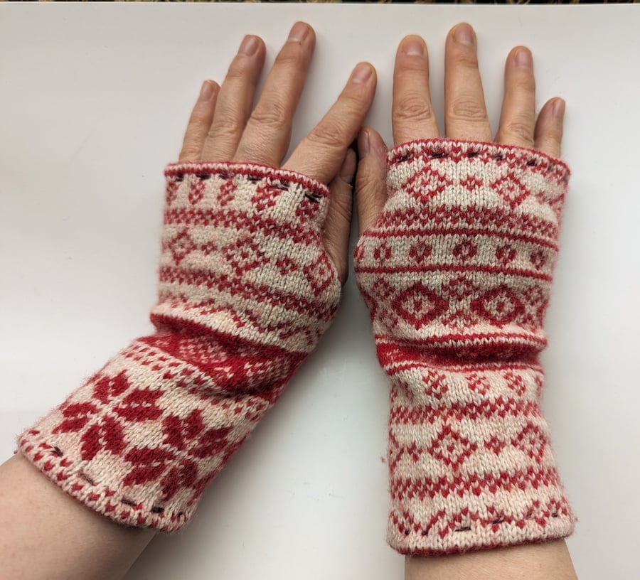 MISMATCH Nordic Red and Cream Wrist Warmers Upcycled from Wool Jumper