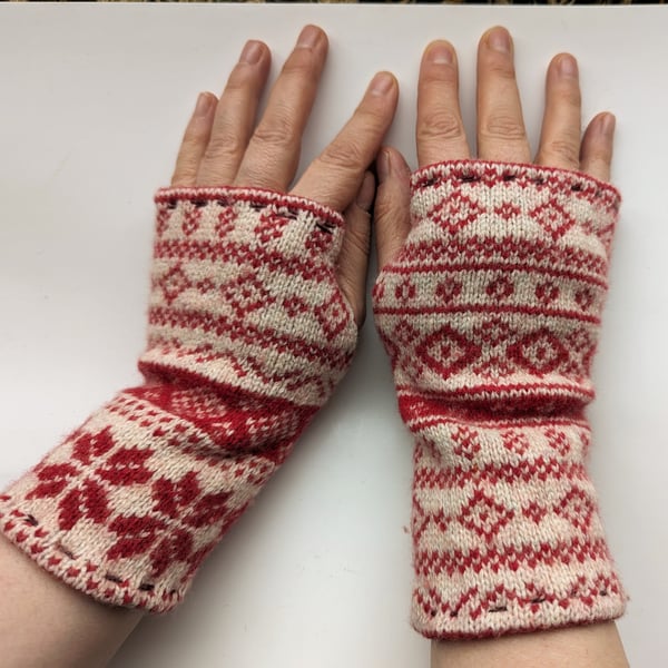 MISMATCH Nordic Red and Cream Wrist Warmers Upcycled from Wool Jumper