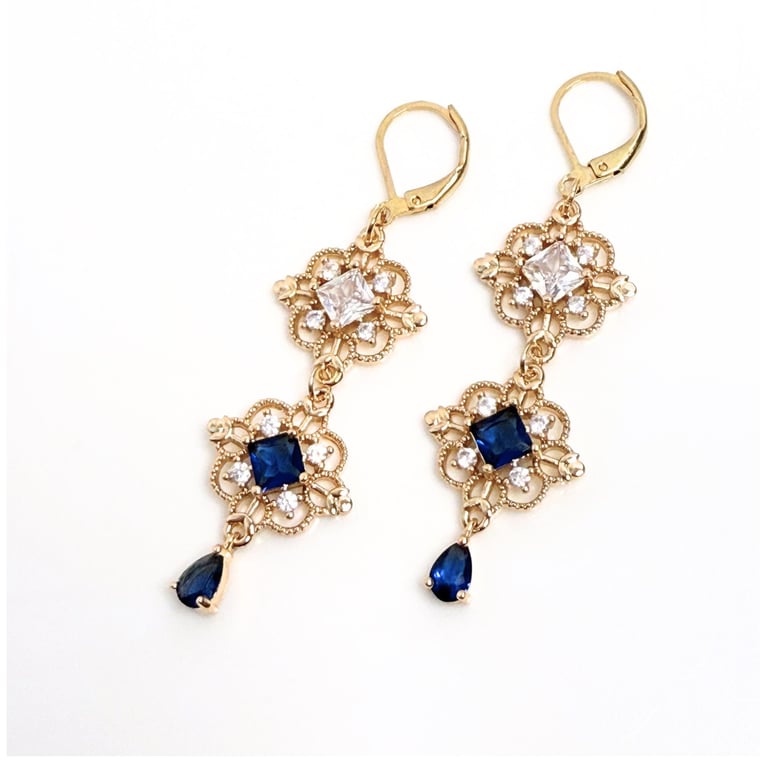 Regency Sapphire Crystal Earrings, Gold Flower Drops