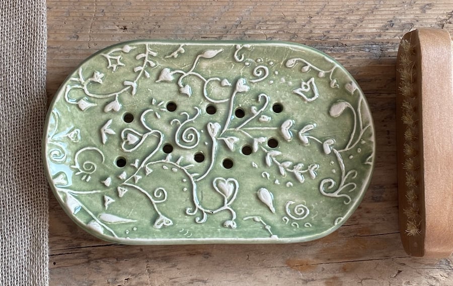 Handmade Pottery Botanical Soap Dish Green