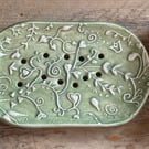 Handmade Pottery Botanical Soap Dish Green