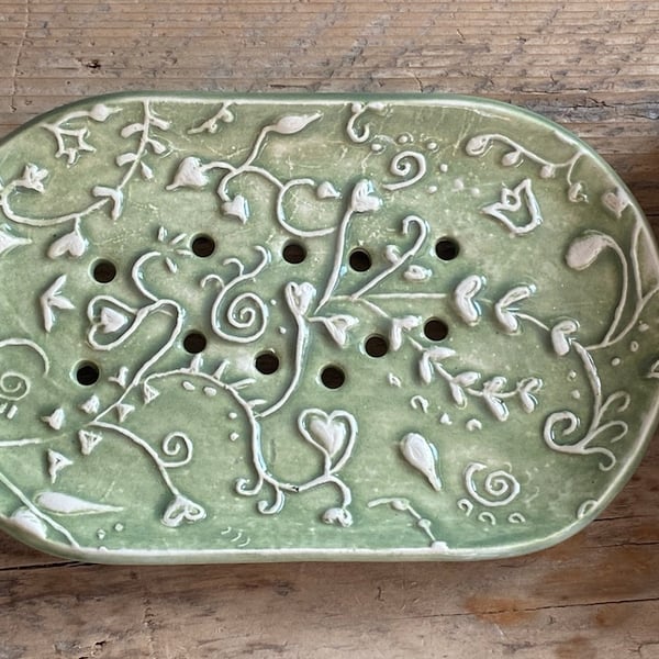 Soap Dish Handmade extra large Green Botanical with Drainage