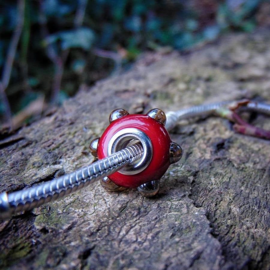 Handmade Red Reflective Glass Lampwork Pandora Style Bead with Silver Core
