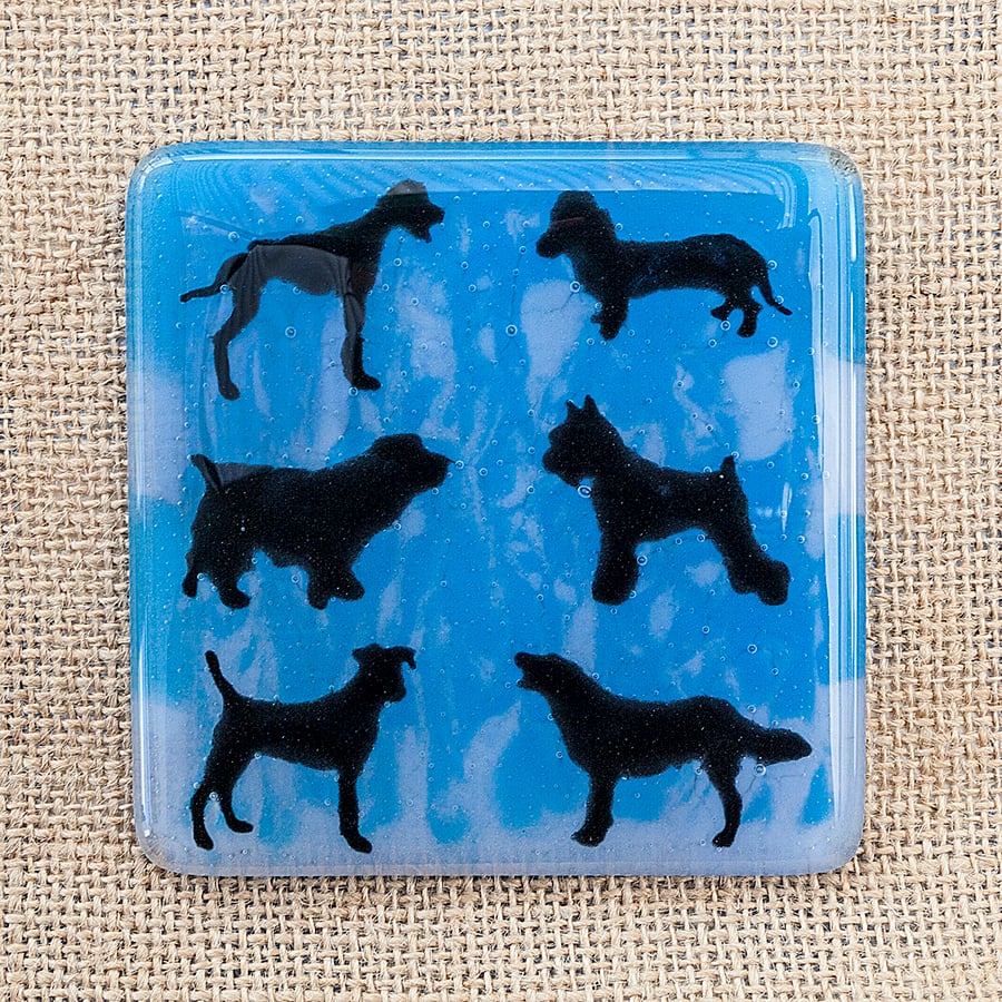 Blue Dog Breed Silhouette Fused Glass Coasters