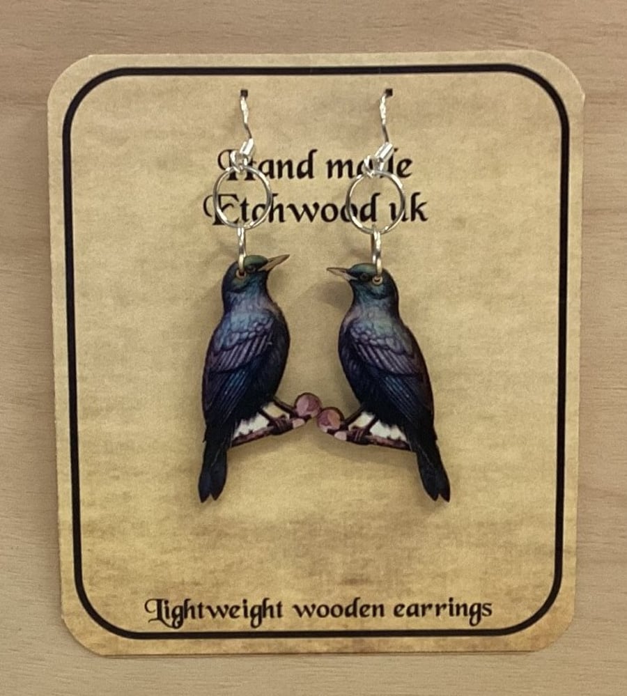 Starling wooden  dangling earrings with through the ear hooks        