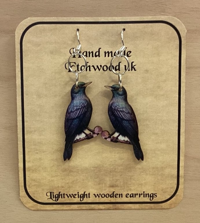 Starling wooden  dangling earrings with through the ear hooks        