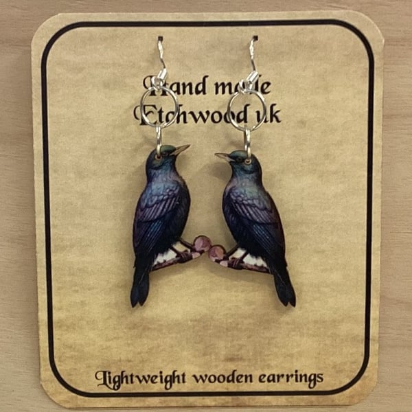 Starling wooden  dangling earrings with through the ear hooks        