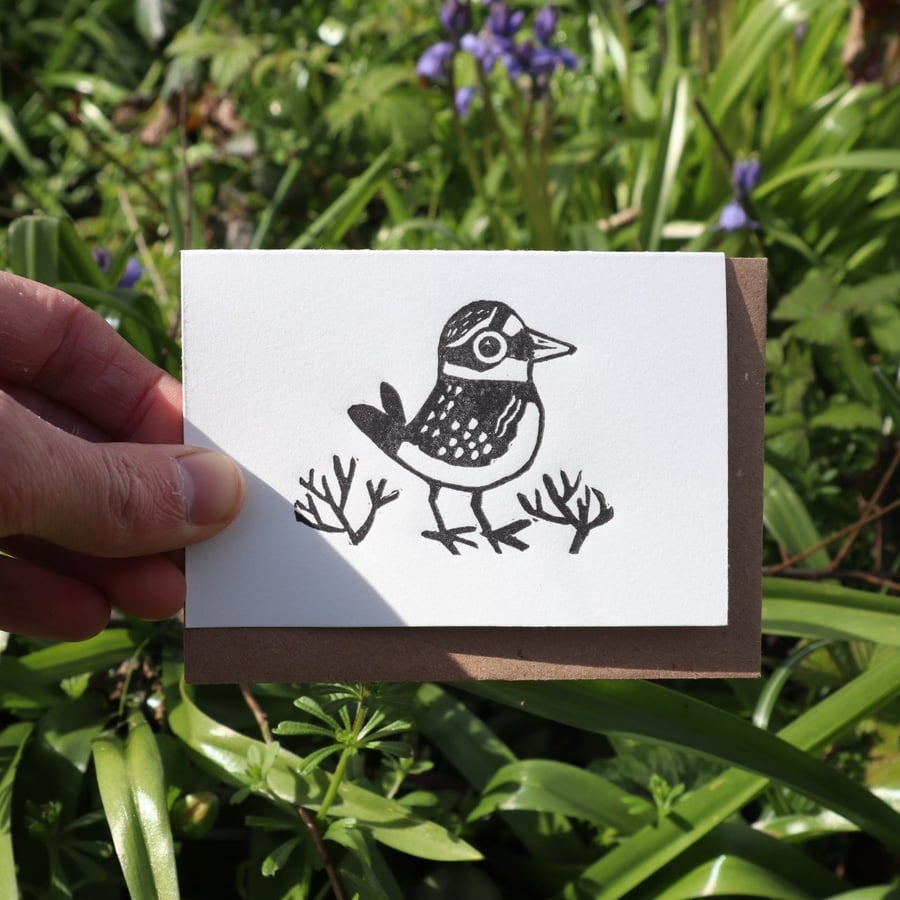 Handprinted Linocut Card featuring a Little Ringed Plover bird - small card