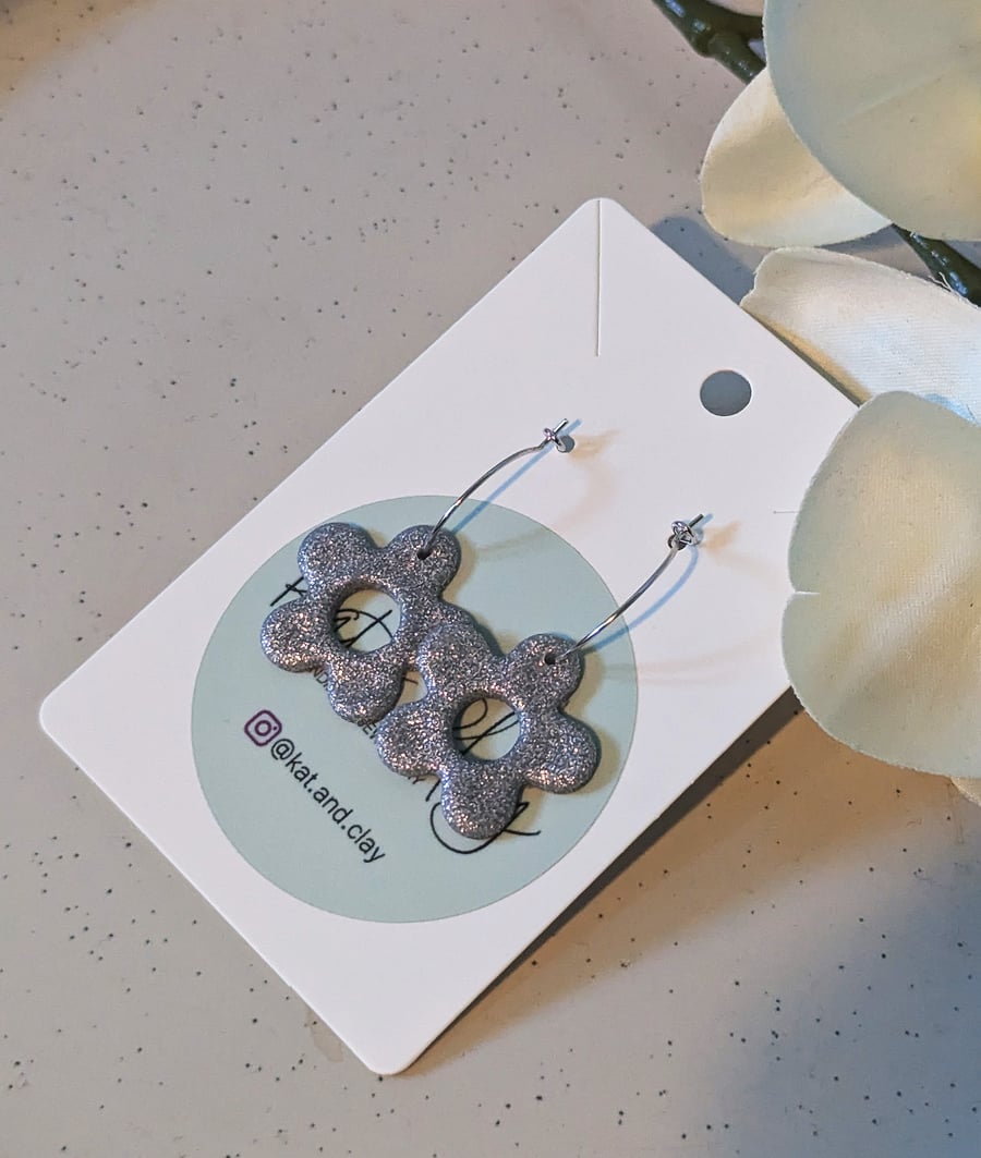 Floral Hoop Earrings - Silver