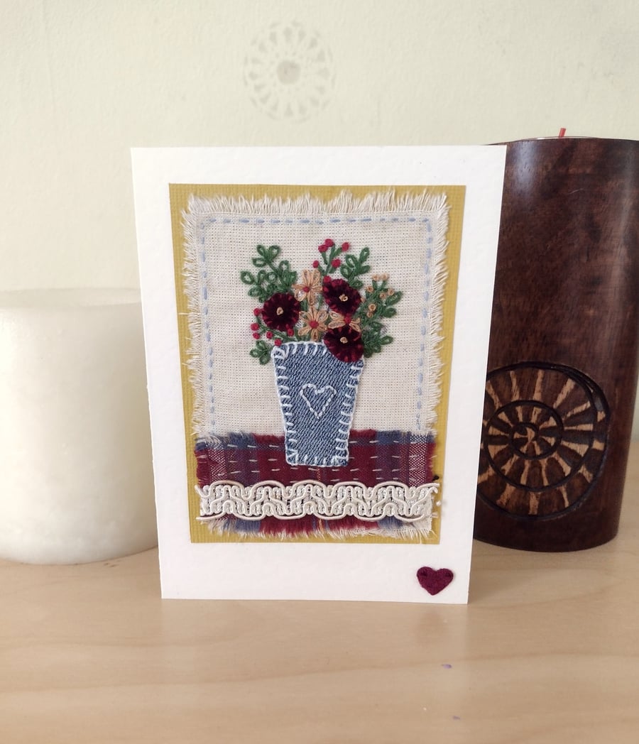 Textile Vase of Flowers Card - Velvet - Blank Card - Hand Stitched - Birthday 