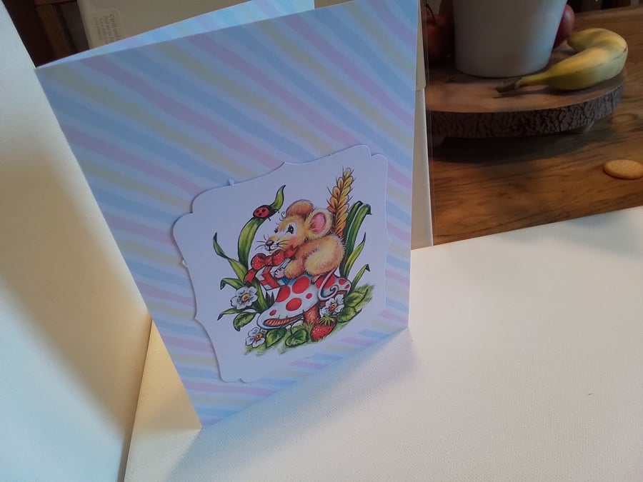 Any occasion card. Mouse and toadstool. Blank card. Ref 084