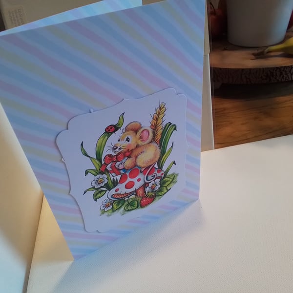 Any occasion card. Mouse and toadstool. Blank card. Ref 084