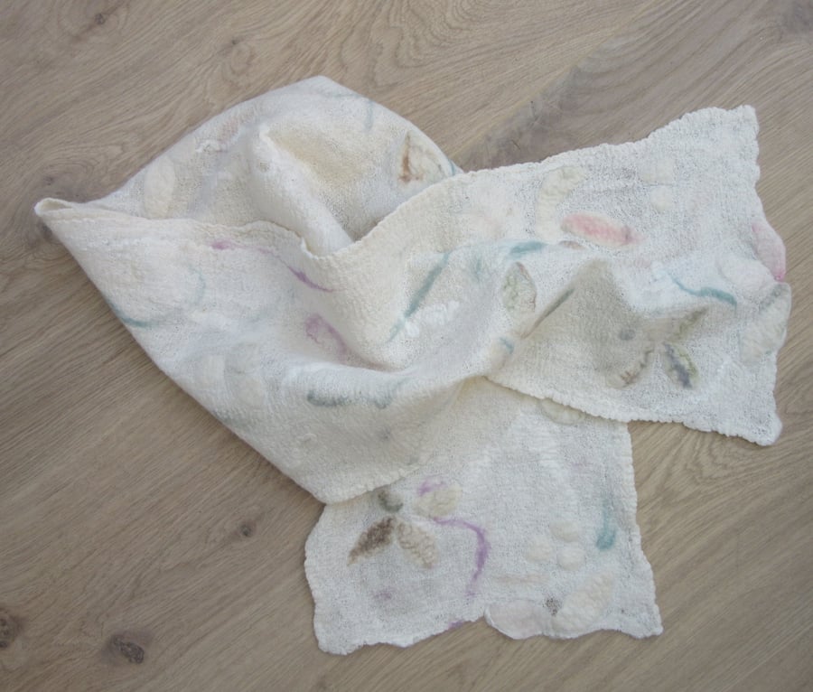 White scarf.  Cotton and merino wool in off white. Lightweight hand felted scarf