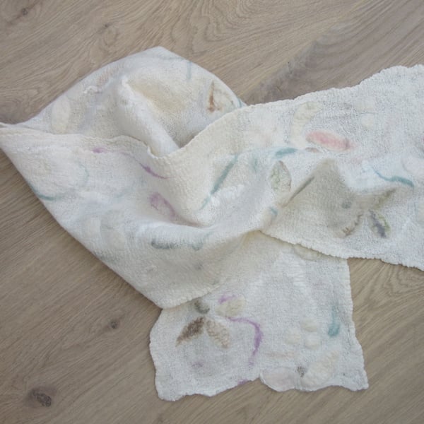 White scarf.  Cotton and merino wool in off white. Lightweight hand felted scarf