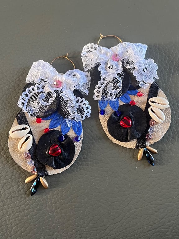 Handcrafted Mixed Media Leather Earrings - Boho Statement with Lace and Beads 